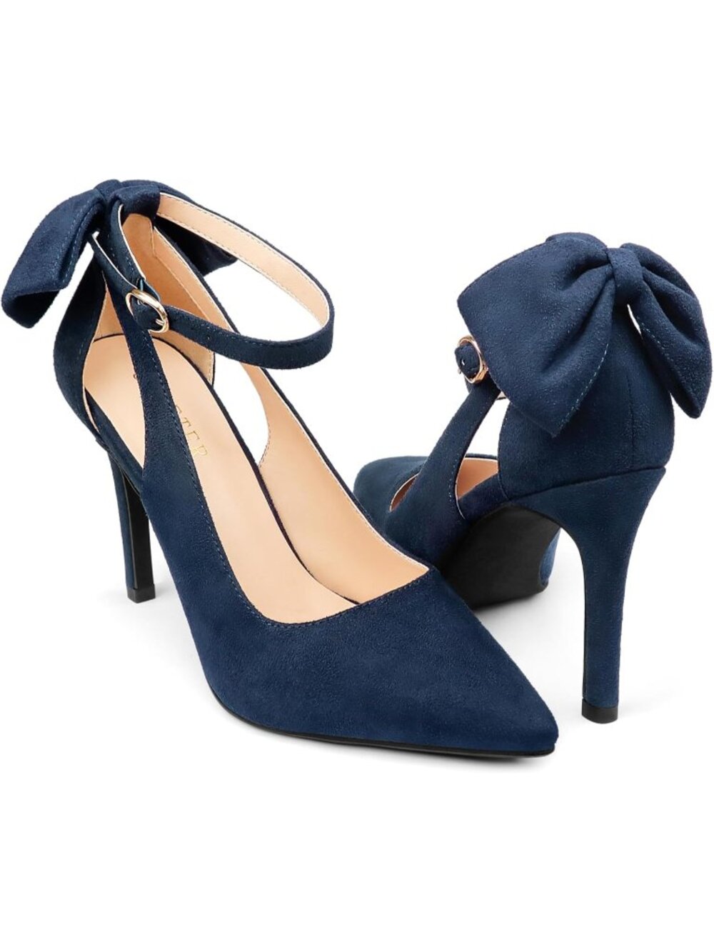 Women's Navy Faux Leather Adjustable Pumps Pointed Toe Ankle Strap Wedding Heel